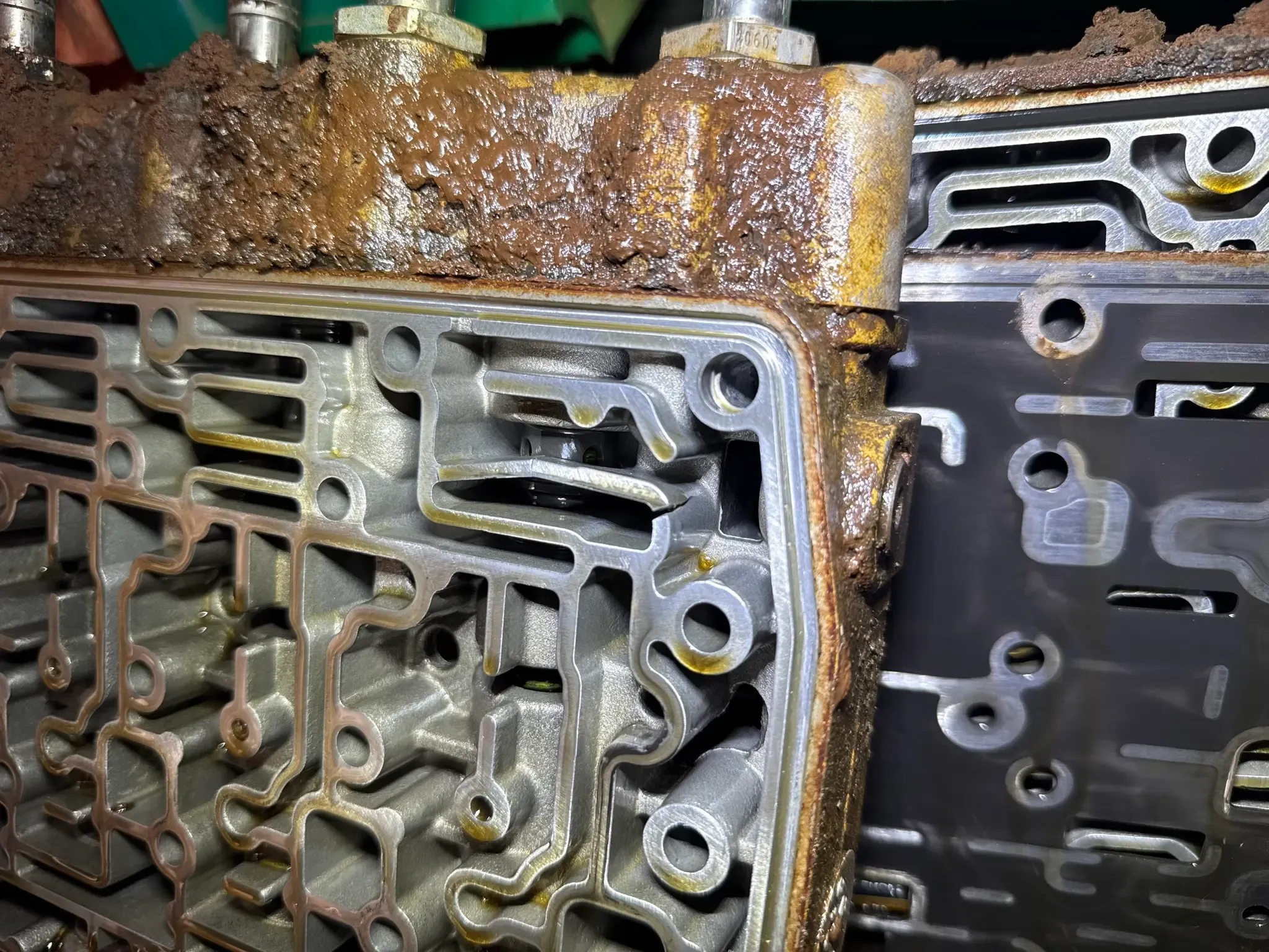 Transmission valve body stripped down for inspection